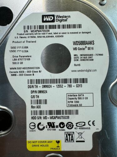 DELL MN924 WD5000AAKS-75TMA0 500GB 7.2K RPM 16MB CACHE 3 Gb/s SATA3.5" HDD - Picture 2 of 8