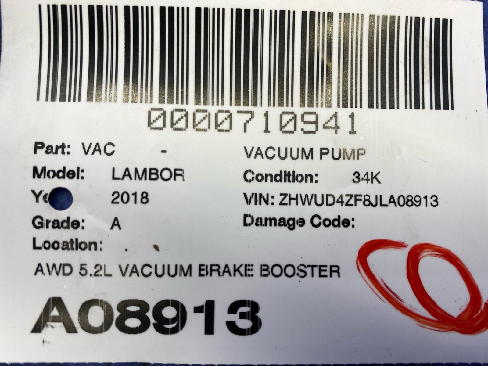 LAMBORGHINI HURACAN LP640-4 PERFORMANTE AWD 5.2L VACUUM BRAKE BOOSTER PUMP OEM