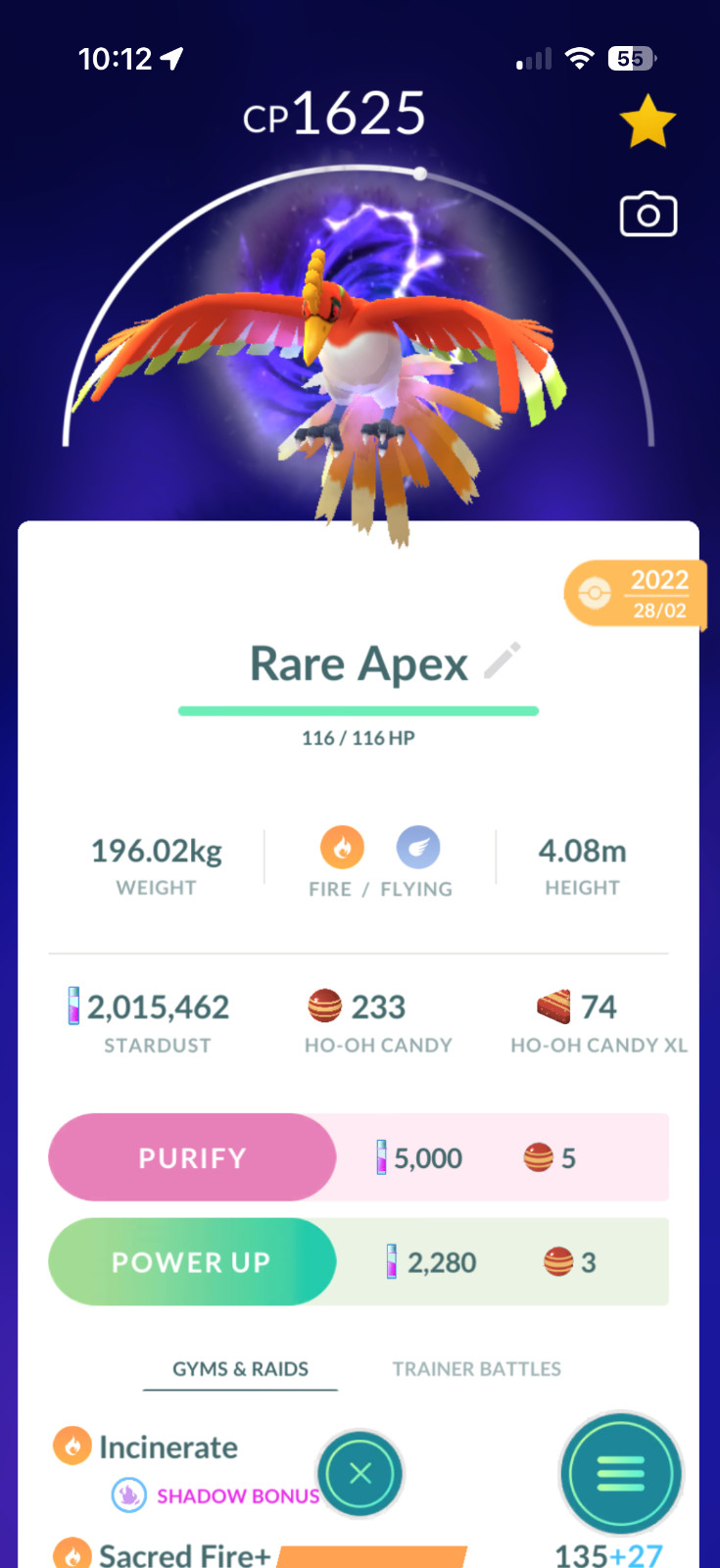 Pokémon Go Apex Ho-oh/FAST/1M or 20K Stardust/READ DESCRIPTION