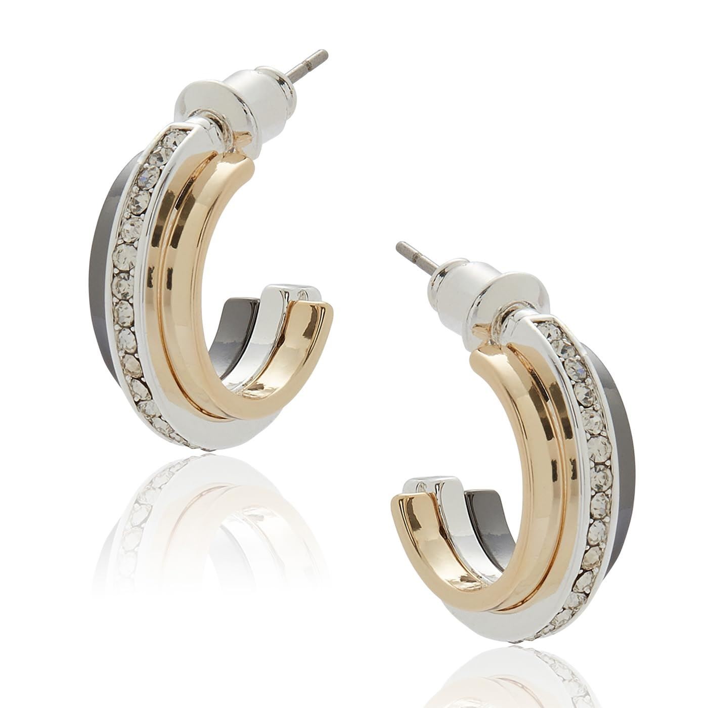 equilibrium Mixed Metal Hoop Earrings Silver Gold Tone CZ Huggie Gift Boxed
