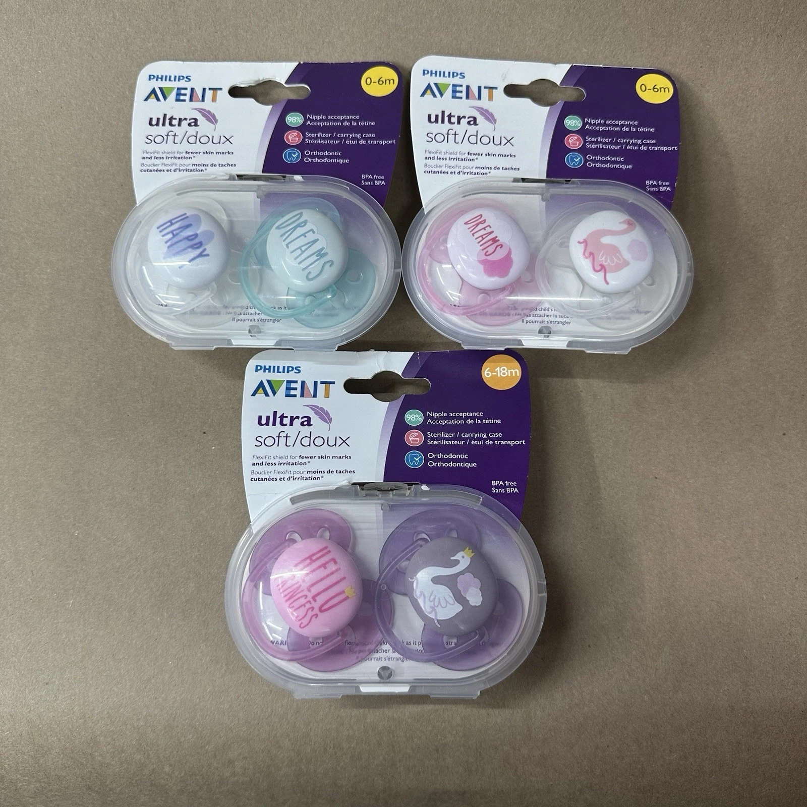 Philips Avent Ultra Soft Baby Pacifier Lot Of 6, (4X) 0-6M, (2X) 6-18M Blue/Pink