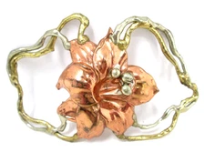 Vtg Brass Copper Metal Scarf Slide Belt Buckle Lilly Flower Boho Hippy Fashion