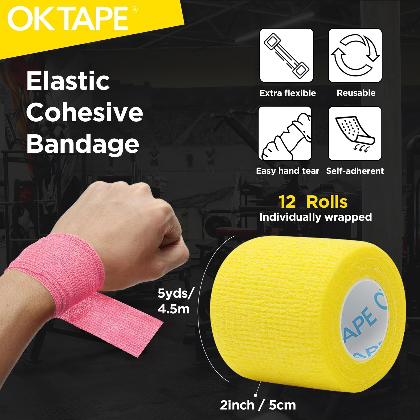 OK TAPE 12 Rolls Self Adhesive Bandage Wrap, Elastic Athletic Tape, Self Stick