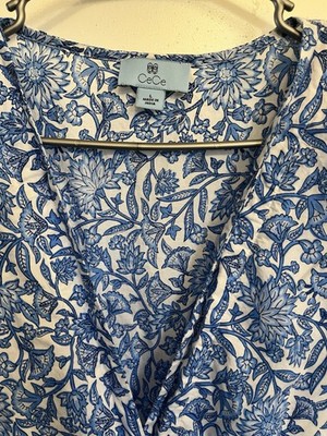CeCe Blue White Floral Midi Fit & Flare Sleeveless V-Neck Dress