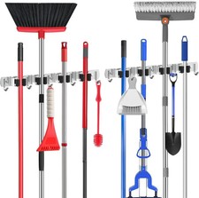 2 Pack Broom Holder Wall Mount Mop Hanger, Stainless Steel 4 Racks 5 Hooks Self