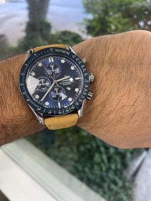 ALEXANDRE Men's Chronograph Wristwatch Blue Dial Beige Leather Strap Tachymeter