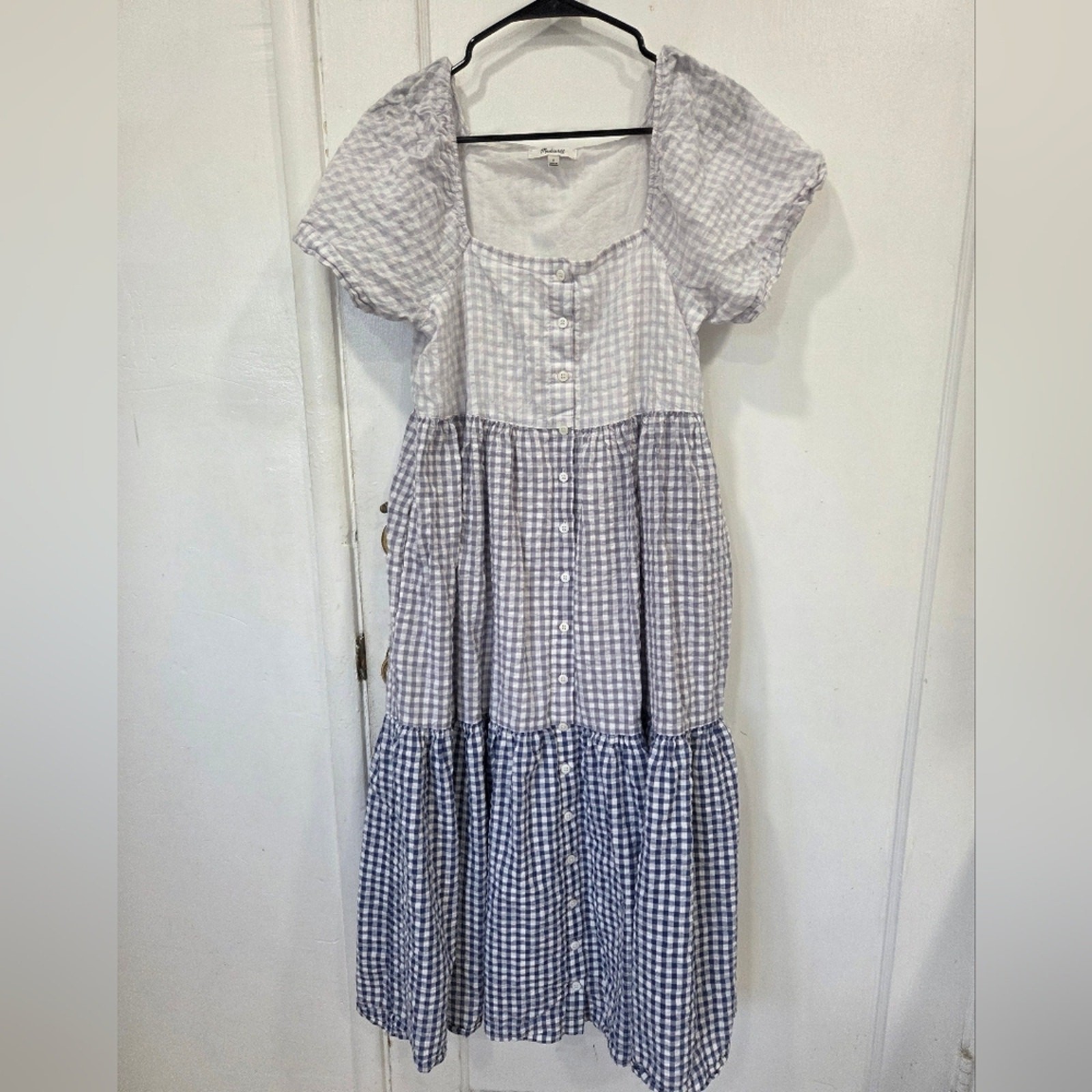 Madewell Patchwork Gingham Button-Front Tiered Bl… - image 4