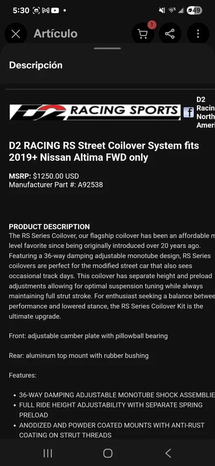 D2 Racing RS Adjustable Coilovers for 19-23 Nissan Altima FWD - Image 3 of 4