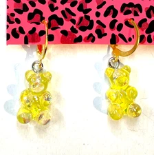 Sparkly TEDDY BEAR Yellow Silver or Gold Hoop Betsey Johnson Dangle Earrings