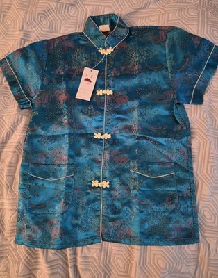 Blue Satin Asian Landscape Frog Closure Short Sleeve Kimono Jacket M Women