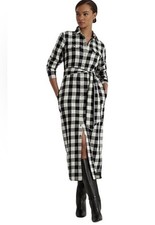 Polo Ralph Lauren Plaid Button Shirt Long Sleeve Maxi Dress Medium Black White