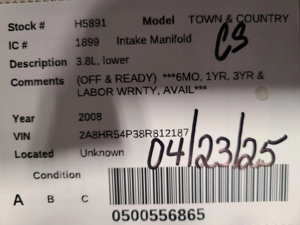 Used Lower Engine Intake Manifold fits: 2008 Chrysler Town & country 3.3L 6-201 - Image 3 of 4