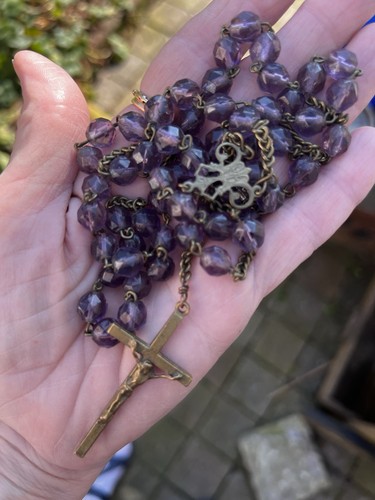 Antiker französischer Rosenkranz Rosenkranz lila Glas Messing 24" 1800er Perlen Amethyst Maria - Bild 11 von 19