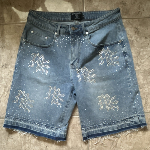 Mixed Emotion Men's Light Wash Blue Rhinestone 5-Pocket Denim Shorts