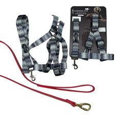 Lot of Dog Leash Harness London Fog Blue Gray Chevron  Dogness Red Faux Leather