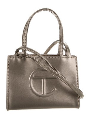 Telfar Mini Metallic Bronze Top Handle Bag with Logo and Cross-Body Strap