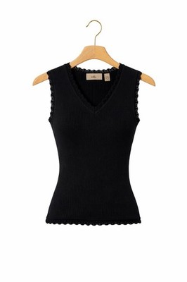 Y2K Black Ribbed Knit Tank I.e. Top Fitted Stretch V Neck Lettuce Trim Womens S