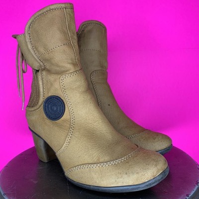 Pataugas Tan Leather Ribbed Elastic Panel, Lace-Up Detail Ankle Boot EU 37
