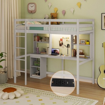 Twin Loft Bed w/ LED Light & Power Outlet Desk Storage Shelves & Cabinet