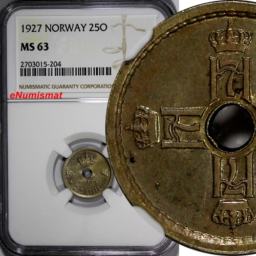 Norway Haakon VII 1927 25 Ore NGC MS63 Center Hole BETTER DATE KM# 384 (204)