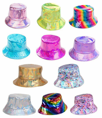 GLÄNZENDER HOLOGRAFISCHER NEON BUCKET-HUT EINHORN RAVE FESTIVAL SONNE REGENBOGEN PARTY HÜTE