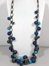 Gunmetal Gray Blue Acrylic Round Bead Charm Statement Necklace 32 inches