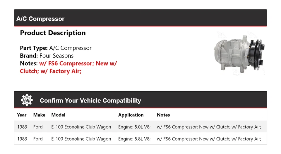 Compresor de aire acondicionado Ford E-100 Econoline Club Wagon 1983 4 estaciones Foto 2 de 4