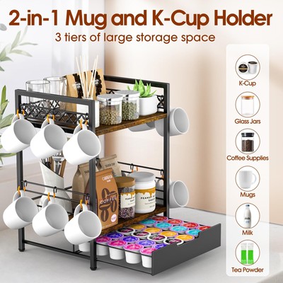 EsLuker.ly Organiseur De Bar à Café à 2 Niveaux Pour Cuisine, Support Multifonction Pour Tasses à Café, Présentoir De Rangement Pour Accessoires Avec 12 Crochets, Blanc/doré