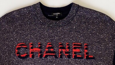 19A CHANEL NAVY METALLIC CC LOGO CASHMERE BLEND SWEATER 36 | eBay