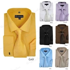 New Men's French Cuff Dress Shirt + Tie + Handkerchief Set Spread Collar SG27
