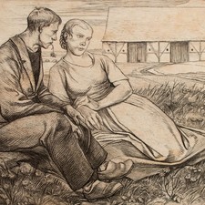 Rudolf Schiestl Bauern Paar Liebe Wiese Radierung signiert 1926 Scheune