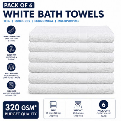 Günstige dünne weiße Badetücher Pack 100% Baumwolle 320 g/m² Budget Qualität 6er Set