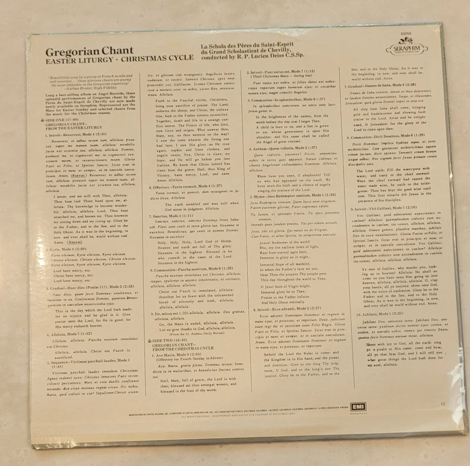 Gregorian Chant Easter Liturgy Christmas Cycle LP Vinyl Record Seraphim - Image 2 of 2