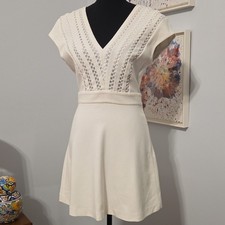 Sandro Ivory Knit A-Line Dress Lace Braid Accents V-Neck Cap Sleeve Lined 2