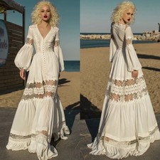 Elegant A-Line Wedding Dresses V-Neck Puffy Sleeves Lace Appliques Bridal Gowns