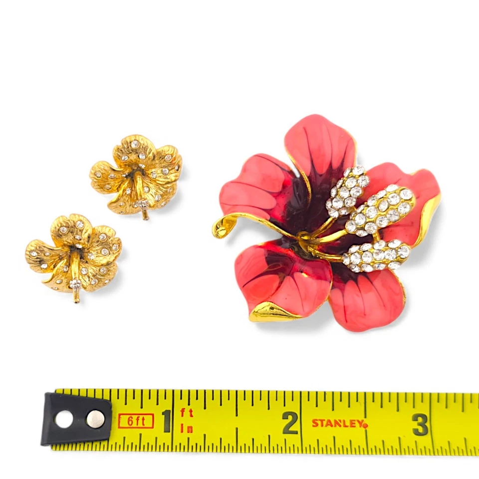 Винтажный тропический цветок брошь серьги комплект золотистый со стразами эмаль гибискус🌺 - Изображение 4 из 4