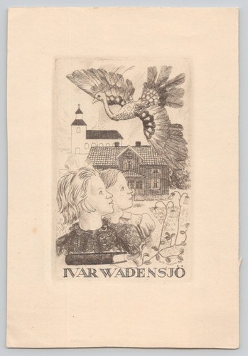Ex Libris Ivar Wadenscjo Engraved Bookplate Peacock Soars c1945  4x5.75"