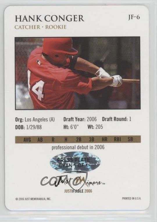 2006 Just Minors Justifiable Press Plate Cyan 1/1 Hank Conger #JF-6 0af - Image 2 of 3