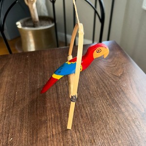 Vintage Wooden Macaw Parrots On Perch Hanging Mobile Decoration