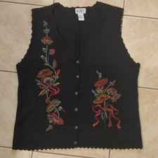 VTG Koret Black Knit Vest Dark Floral Stitching Embroidery Women's Size S