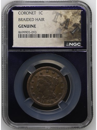 1848 Braided Hair Large Cent 1c - NGC Genuine. Bert Purple Core
