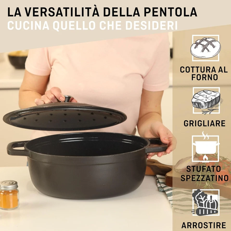 - Casseruola in Ghisa Smaltata, 6L, Ovale, Colore: Nero Opaco, Ultra Resistente, - Immagine 4 di 4