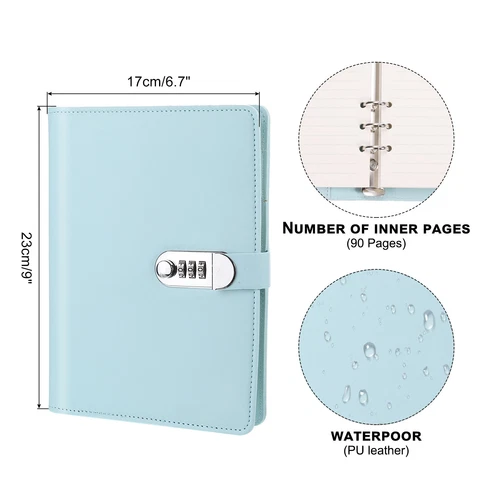 A5 Diary with Lock Journal with Lock Cute Leather Binder Refillable Paper Blue - Picture 2 of 7