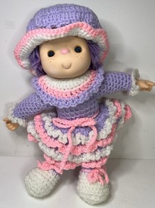 Ice Cream Face Baby Doll Hand Crochet Dress  Purple Yarn Hair Plush Vtg 13” Tall