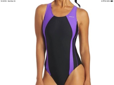 New Sporti Size 26 Piped Splice Wide Strap 1 Piece Swimsuit Purple/Black (C47-3)