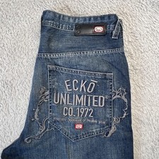 Vintage Ecko Unltd Baggy Jeans 34x34 Blue Wide Leg Embroidered Graffiti Y2K Rare