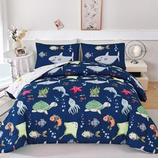 Kids Bedding Set for Queen Bed Reversible Ocean Animals Print Comforter Set f...