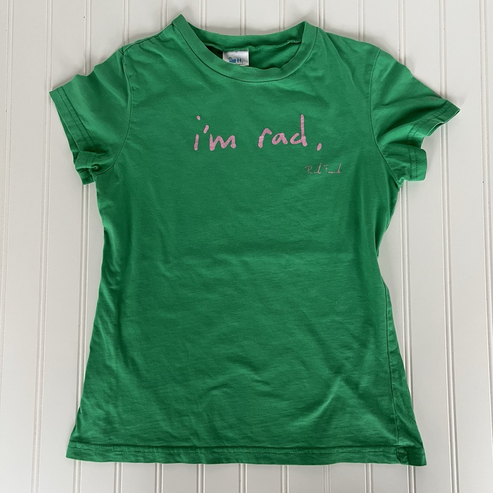 Y2K Paul Frank Baby Tee Women’s T Shirt Green Top "I'm Rad You're Rad Let's Hug"