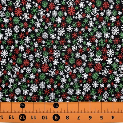 Christmas Fabric | Hi-Fashion Red Green White Snowflake Toss Black | YARD
