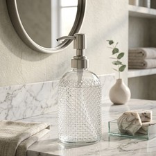Glass Soap Dispenser Transparent Contemporary Bathroom Design 8x8x20cm